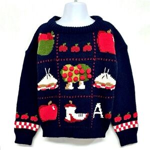 Eagles Eye Vintage 90s Kids Hand Knit A Is For Apple Navy Folk Art Sweater 6/6X